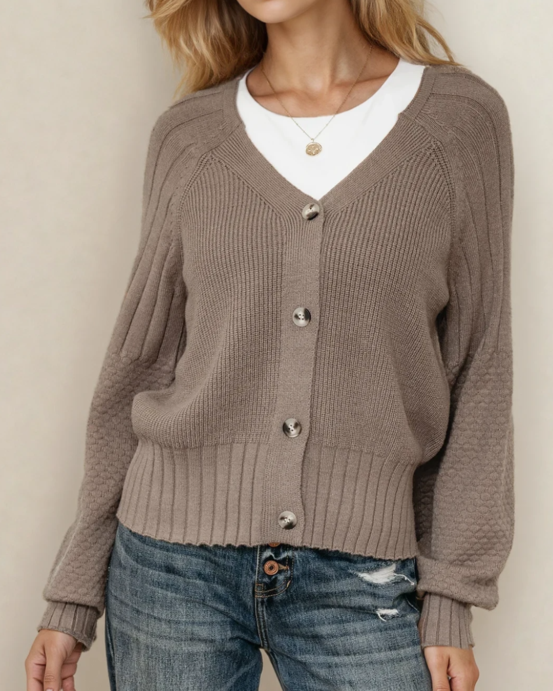Jane Mixed Texture Knit Button V Neck Cardigan