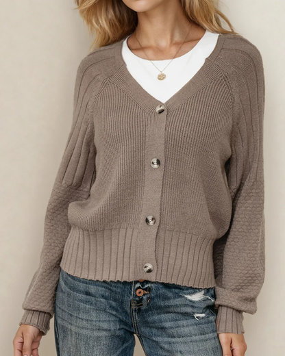 Jane Mixed Texture Knit Button V Neck Cardigan