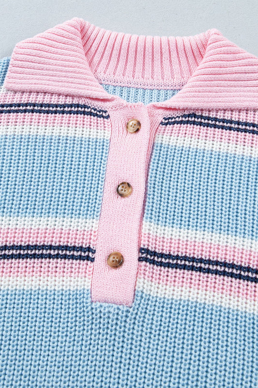 Stripe Ribbed Trim Buttoned Collar Long Sleeve Sweater