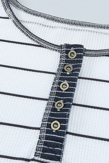 Stripe Waffle Knit Buttoned Henley Top