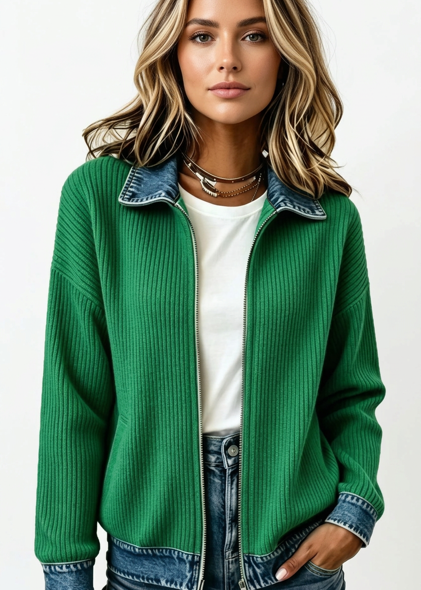 Full Size Denim-Collar Ribbed Knit Zip-Up Jacket Plus Size - Poet Street Boutique