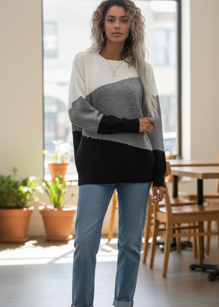 Colorblock Long Sleeve Round Neck Sweater Poet Street Boutique