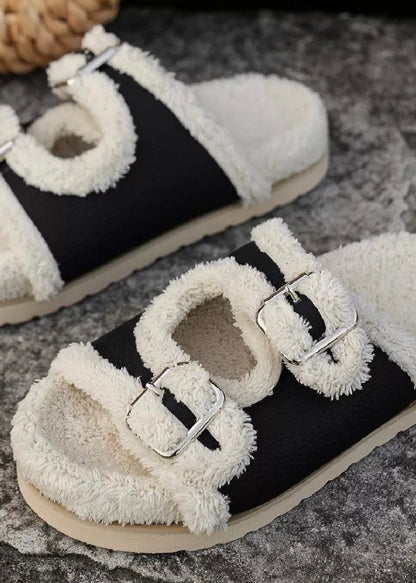 Buckle Plush Lined Platform Slippers