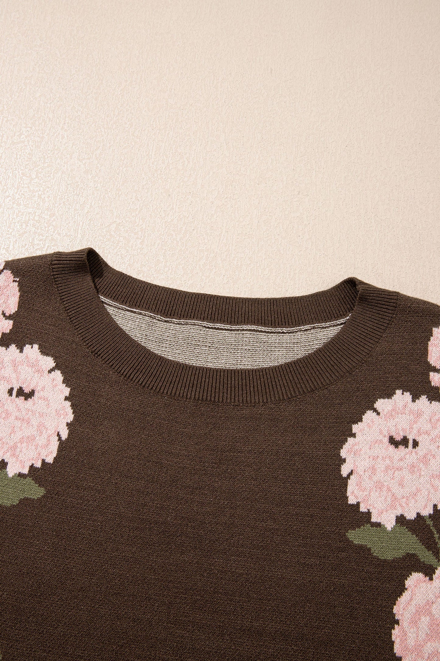 Brown Floral Drop Shoulder Long Sleeve Sweater