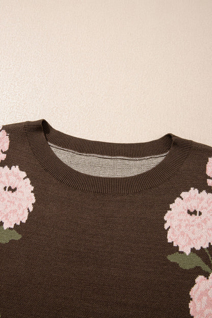 Brown Floral Drop Shoulder Long Sleeve Sweater