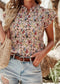 Red Boho Floral Frilled Button Neck Ruffle Blouse EG fashion
