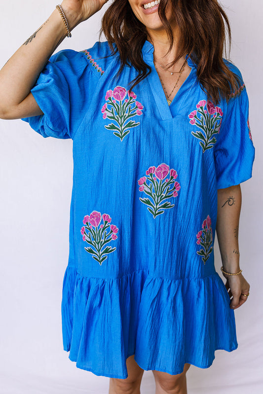 Flower Embroidered Puff Sleeve Ruffle Hem Dress