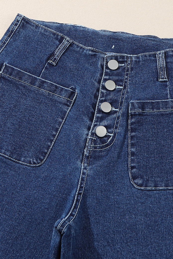 Buttoned High Waist Wide Leg Cropped Jeans