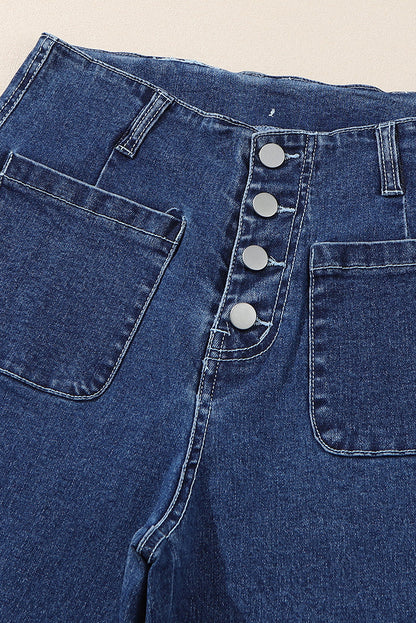 Buttoned High Waist Wide Leg Cropped Jeans