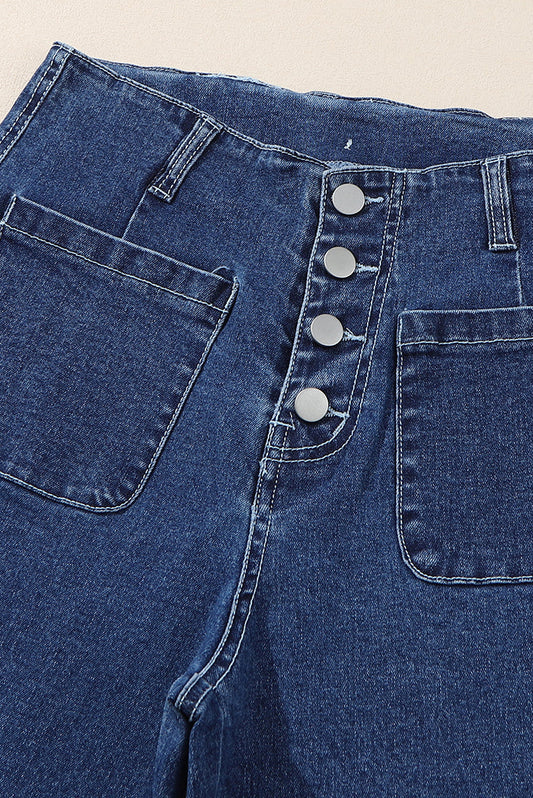 Buttoned High Waist Wide Leg Cropped Jeans