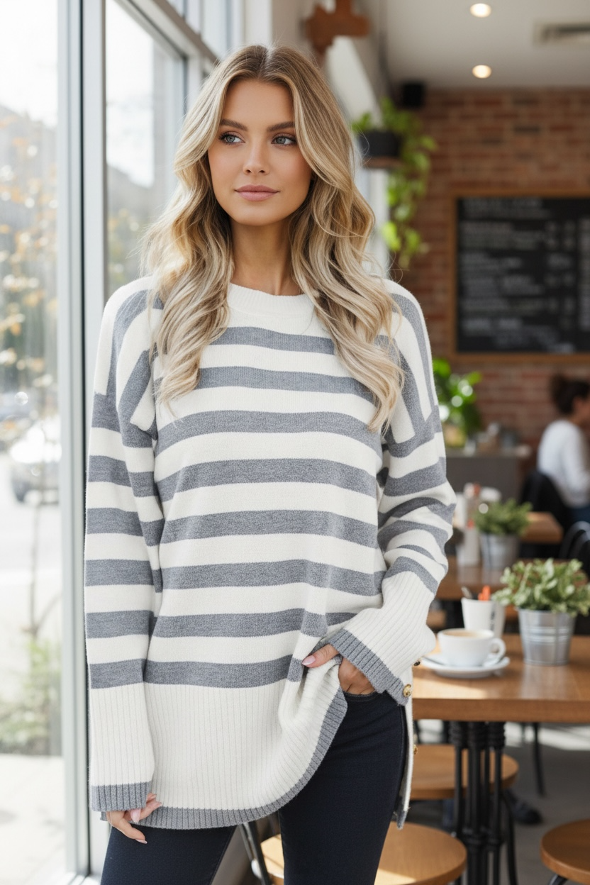 Stripe Ribbed Side-Button Drop Shoulder Sweater Poet Street Boutique