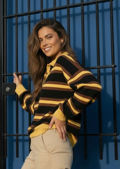 Striped Polo Collar Knit Sweater