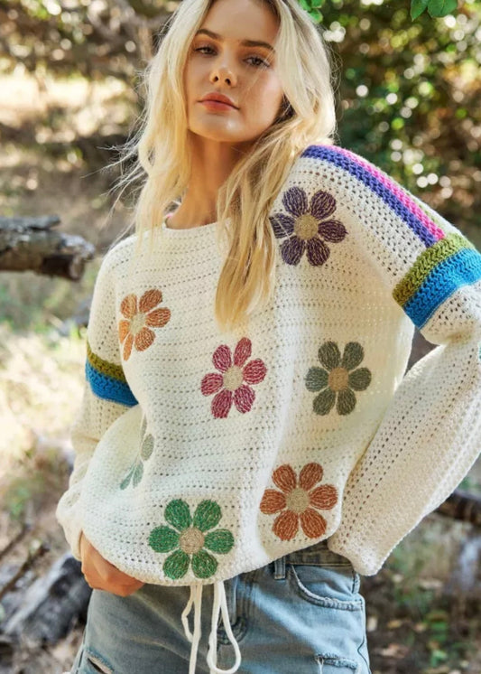 Cotton Eyelet Boho Floral Knit Sweater EG fashion