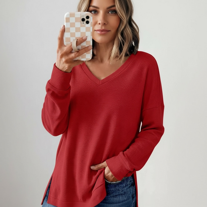 Side Slit Waffle Knit V-Neck T-Shirt