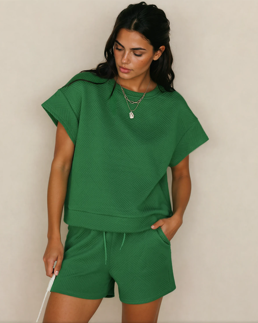 Green Astrid Textured Short Sleeve Top and Shorts Set -