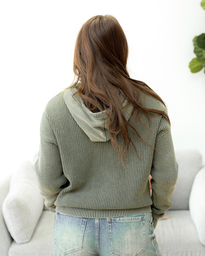 Maeve Mineral Wash Ribbed Knit Drawstring Hooded Sweater