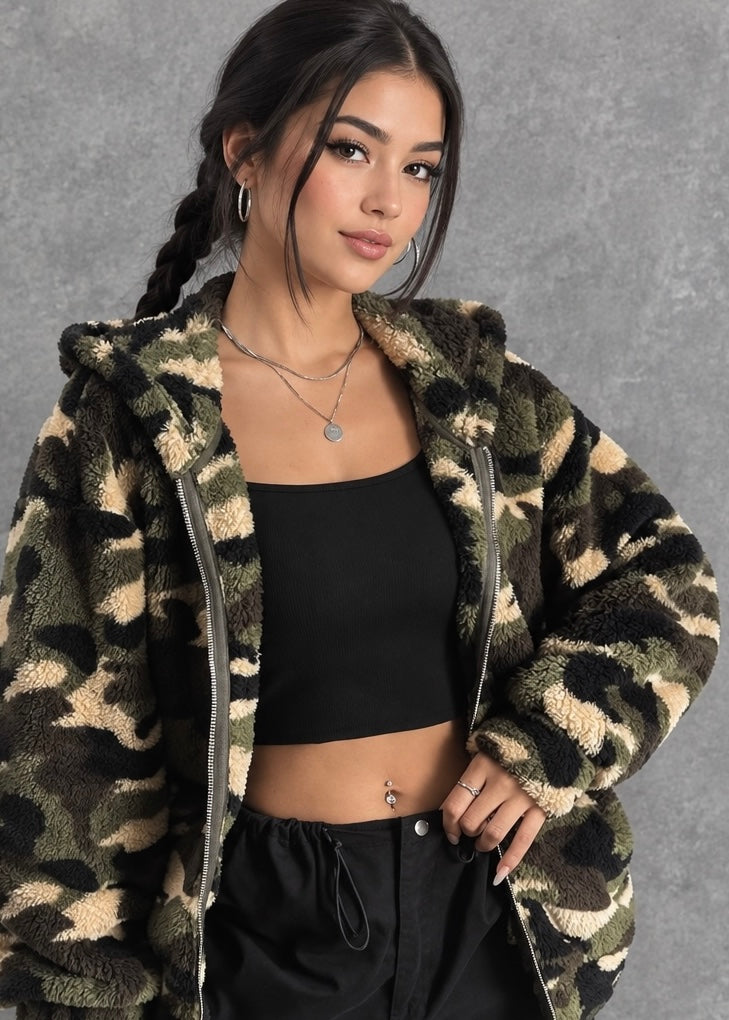 Camo Print Fuzzy Zip Up Outerwear