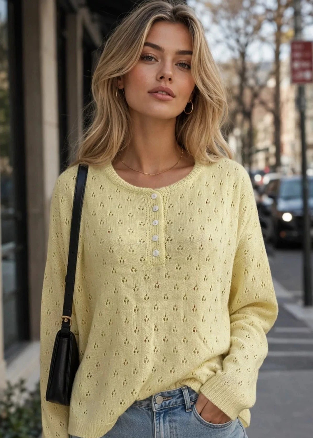 Pointelle Button-Front Round Neck Knit Top - Poet Street Boutique