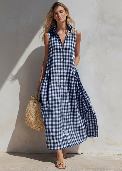 Sleeveless Gingham Button-Down Midi Dress
