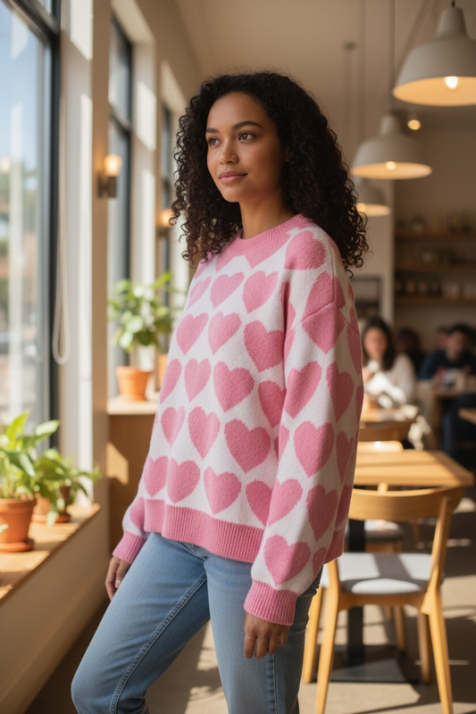 Valentine Heart Textured Knit Sweater