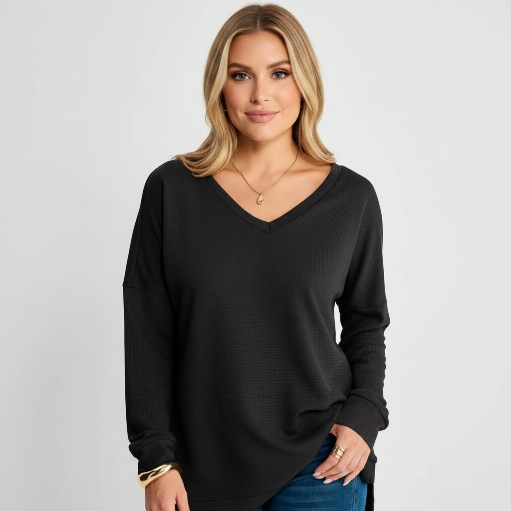 Side Slit Waffle Knit V-Neck T-Shirt