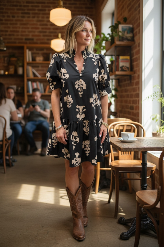 Floral Frilled V-Neck Puff Sleeve Mini Dress