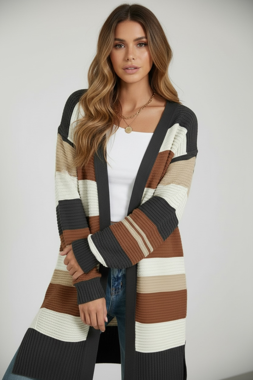 Color Block Striped Open Front Cardigan