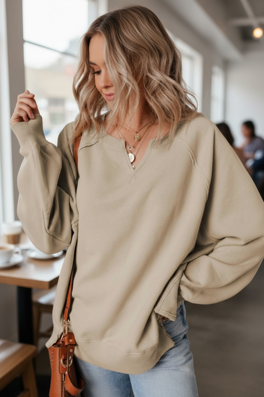 Solid Raw Edge Raglan Sleeve Side Slit Sweatshirt JUNIPER BLVD