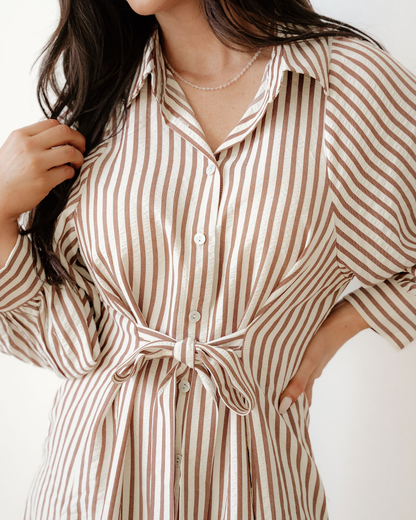 Serena Stripe Knot Waist Puff Sleeve Mini Dress
