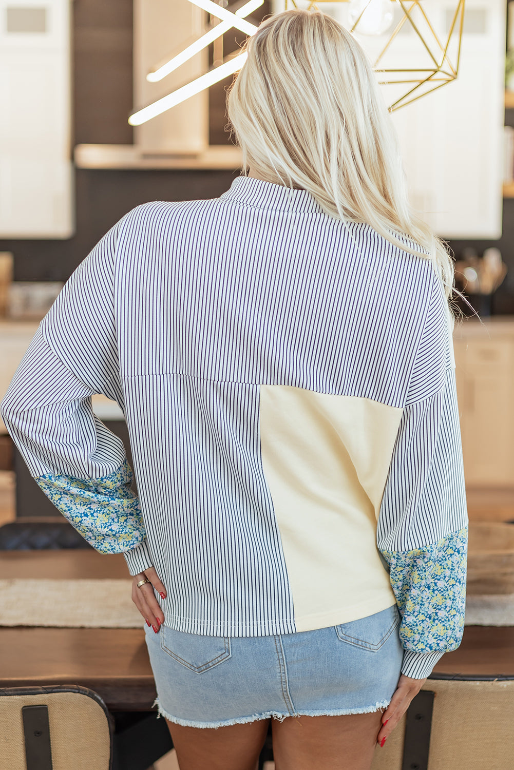 Floral Stripe Collared V-Neck 50/50 Sweatshirt