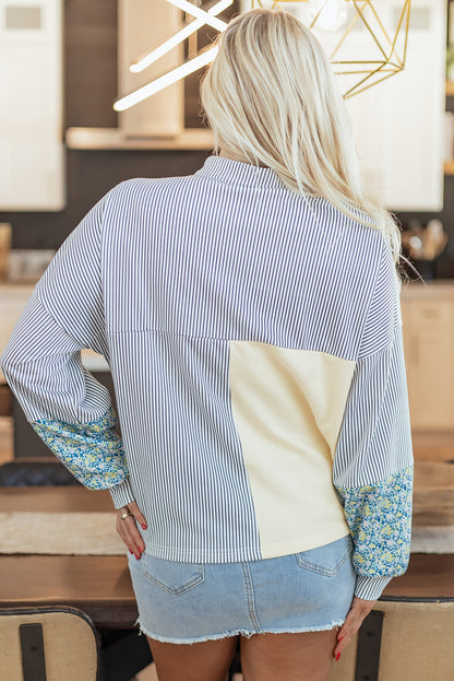 Floral Stripe Collared V-Neck 50/50 Sweatshirt