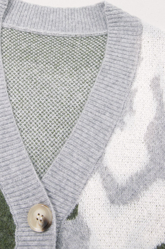 Camo Contrast Trim Buttoned V-Neck Cardigan