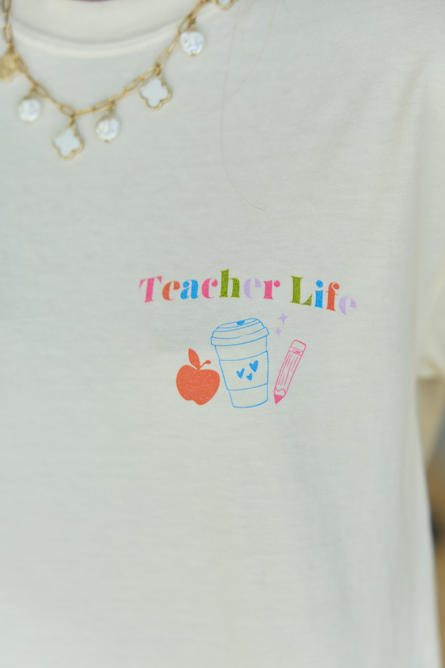 Cotton Checkered Teacher Life Multi Ivory Graphic Tee