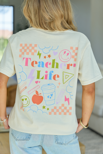 Cotton Checkered Teacher Life Multi Ivory Graphic Tee