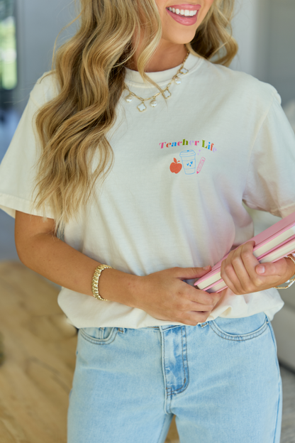 Cotton Checkered Teacher Life Multi Ivory Graphic Tee