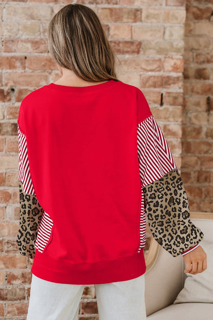 Stripe Leopard Patchwork Long Sleeve Sweatshirt