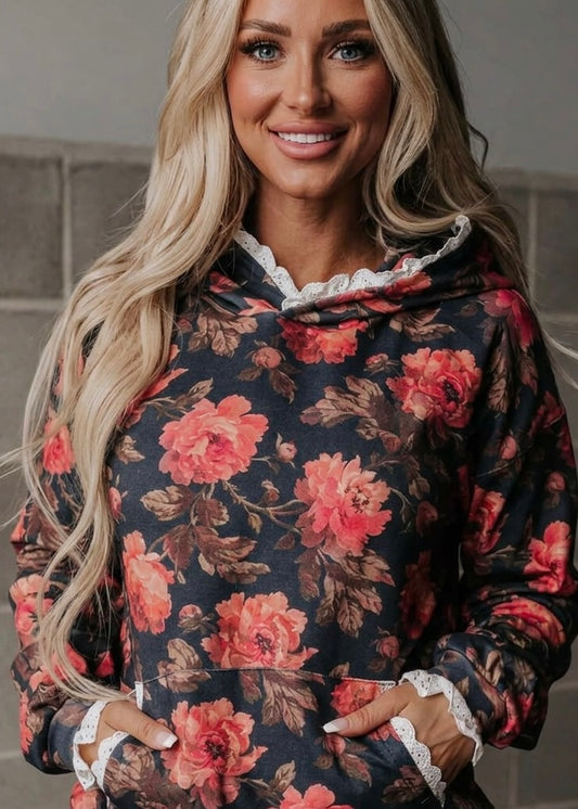 Lace Trim Kangaroo Pocket Hoodie