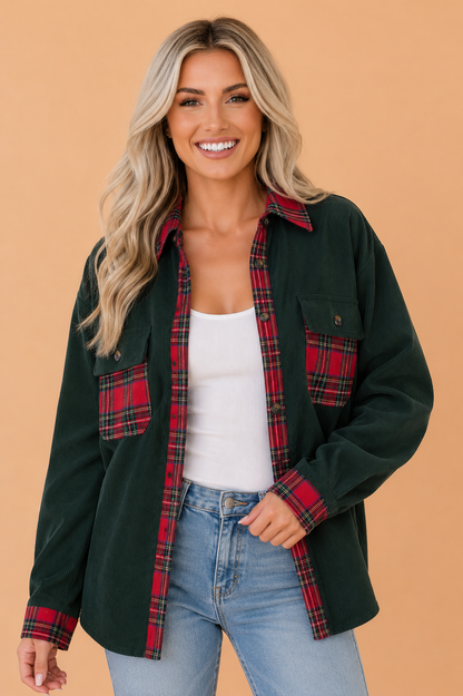 Holiday Cheer Plaid Buttoned Chest Pocket Shacket