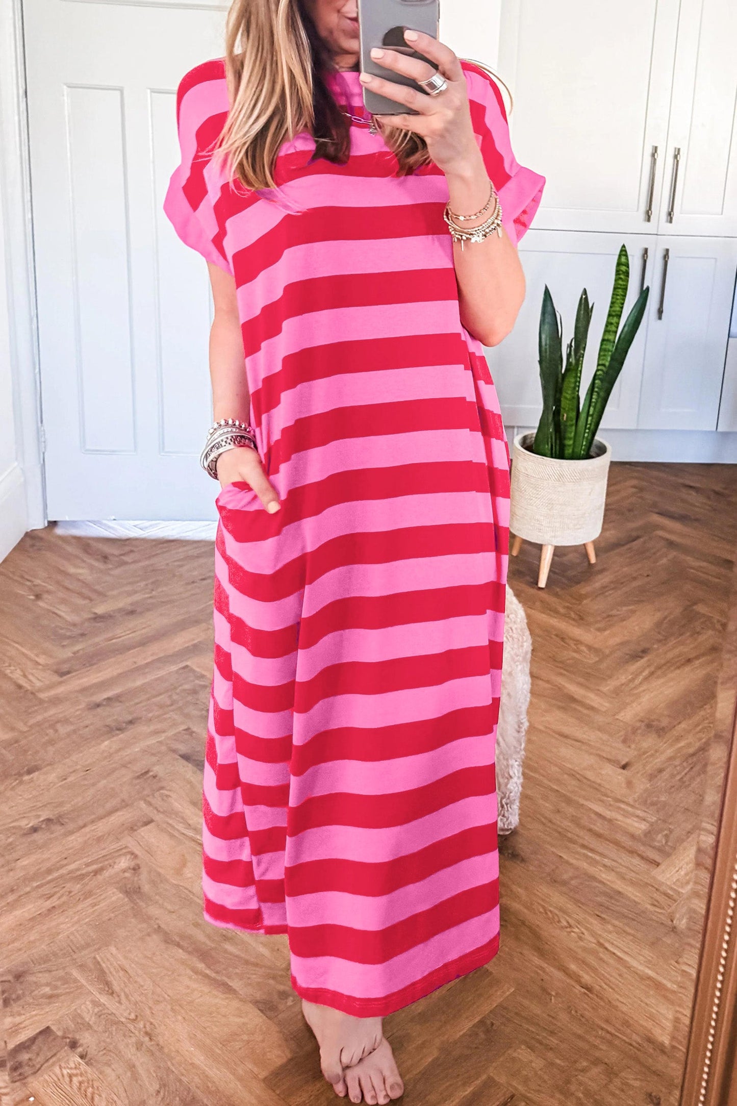 Stripe Cuffed Short Sleeve T-Shirt Long Dress w/ Pockets