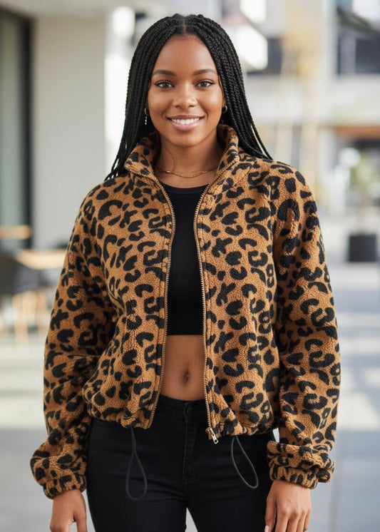 Leopard Print Fleece Zip-Up Jacket Miss Sparkling