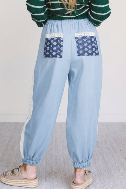 Floral Lace Patch Pocket Pleated Wide Leg Pants