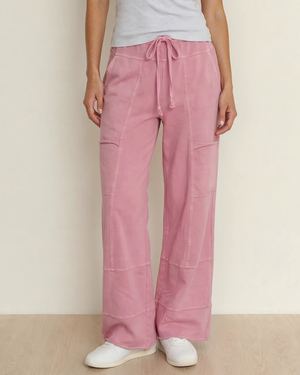 Bonbon Cotton Mineral Wash Exposed Seam Wide Leg Pants