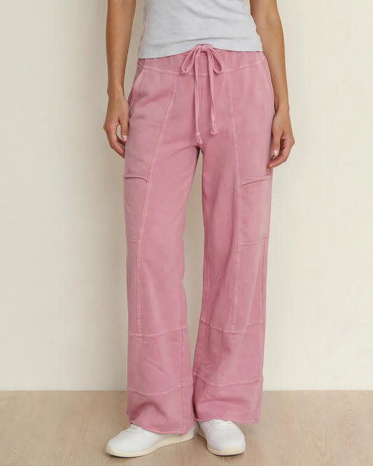 Bonbon Cotton Mineral Wash Exposed Seam Wide Leg Pants