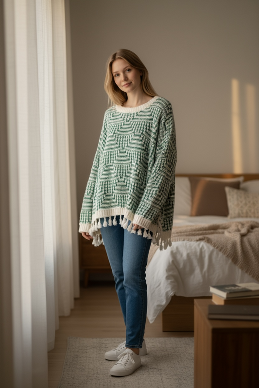 Plaid Knit Sweater with fringe Miss Sparkling