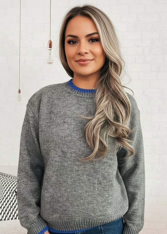 Ribbed Contrast Trim Long Sleeve Sweater