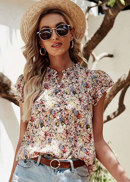 Red Boho Floral Frilled Button Neck Ruffle Blouse EG fashion