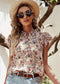 Red Boho Floral Frilled Button Neck Ruffle Blouse EG fashion