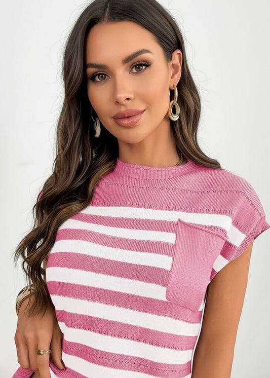 Striped Mock Neck Cap Sleeve Knit Top