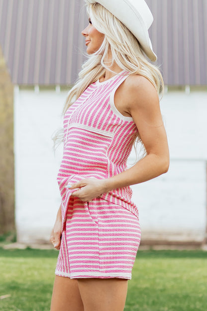 Stripe Contrast Trim Textured Tank & Shorts Set
