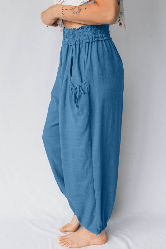 Smocked High Waist Drawstring Pocket Jogger Pants